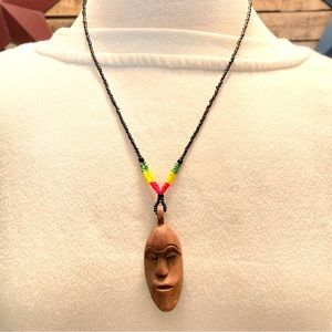 Wood Carved Nativ Icon Pendant Seed Bead Necklace 13.5" Brown Signed Tribal
